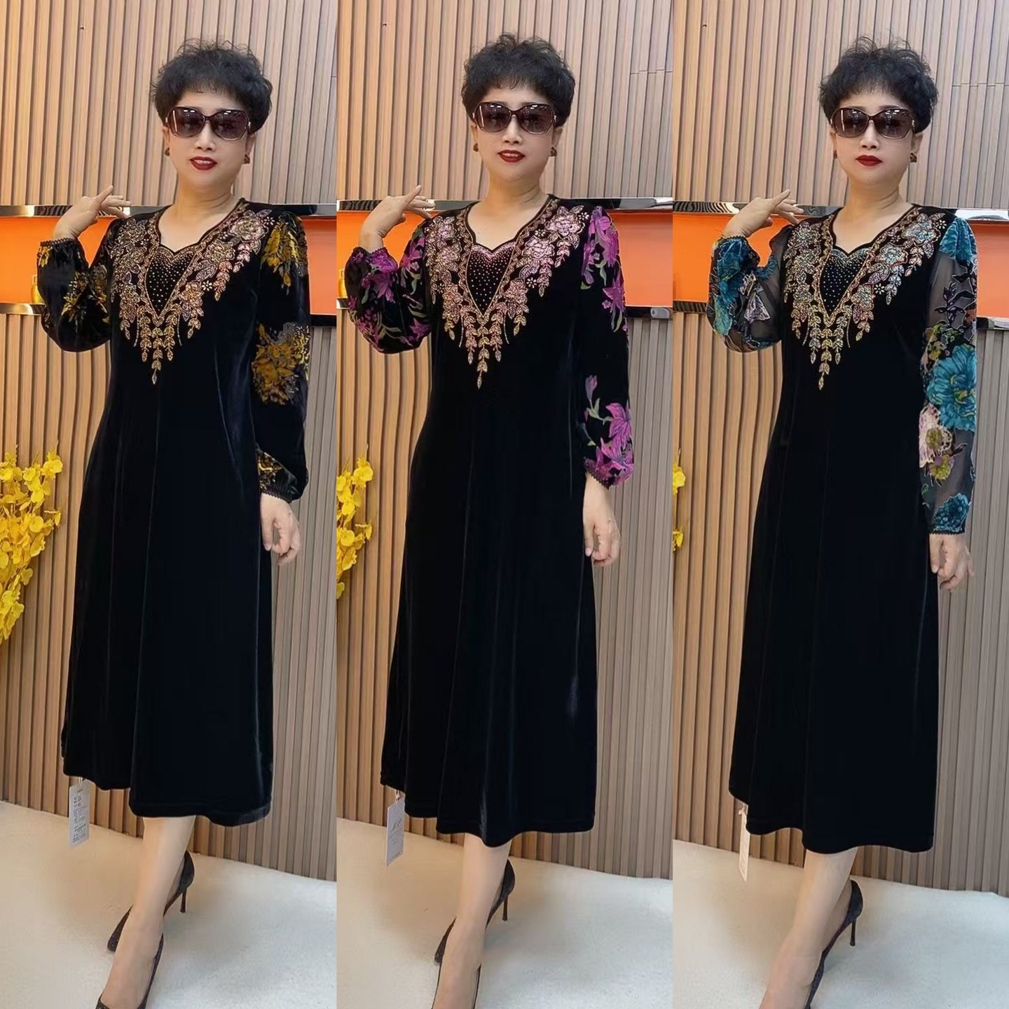 25609时尚彩钻拼色丝绒连衣裙高雅大气，裙长108左右