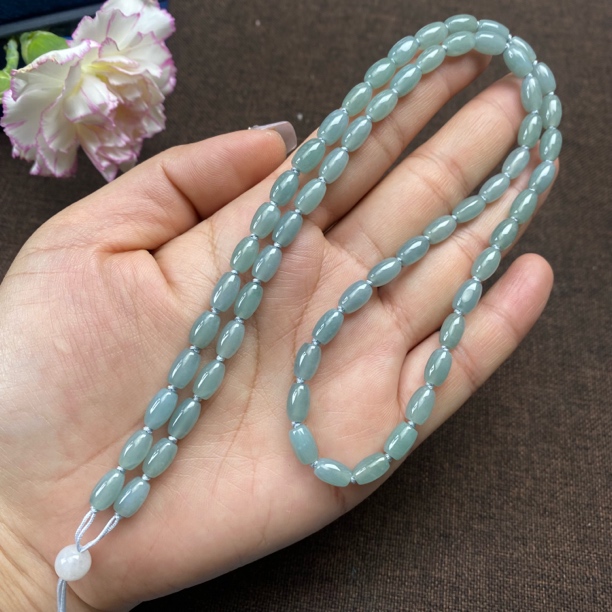 翡翠a货高冰蓝水米珠5.5mm玉坠挂绳百搭保真蓝色时尚长链细款