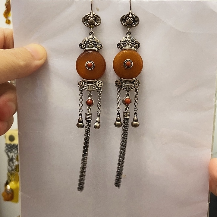 多****蜜蜡银S925镶嵌耳饰老蜜蜡18毫米左右