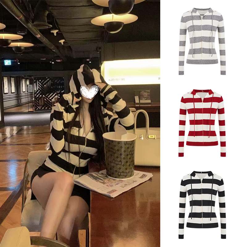 Moses Queen/魔西女王慵懒风韩版条纹上衣拉链连帽外套秋长袖开衫