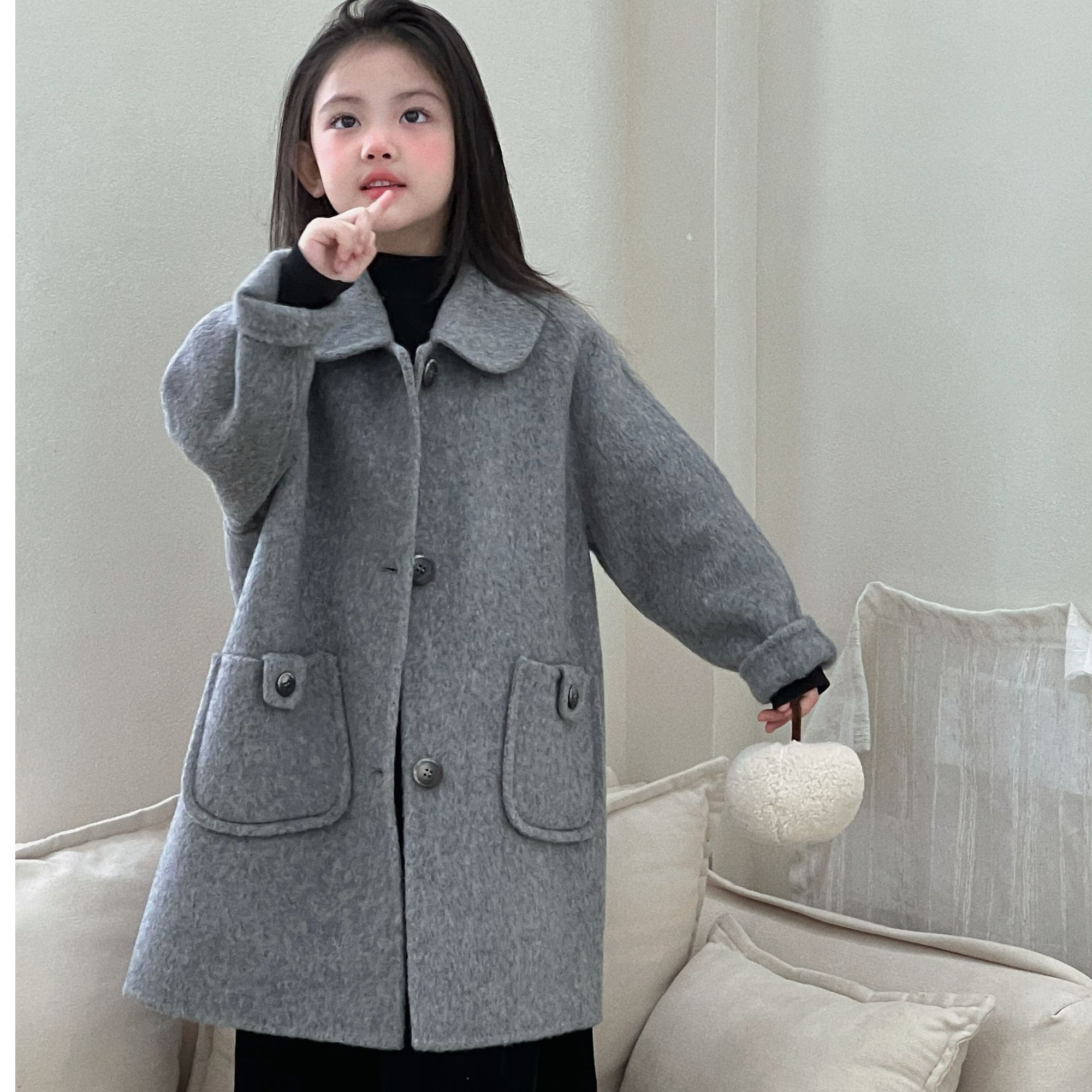 韩版男女同款双面羊毛童装连帽中长款秋冬中高端外套大衣灰色系
