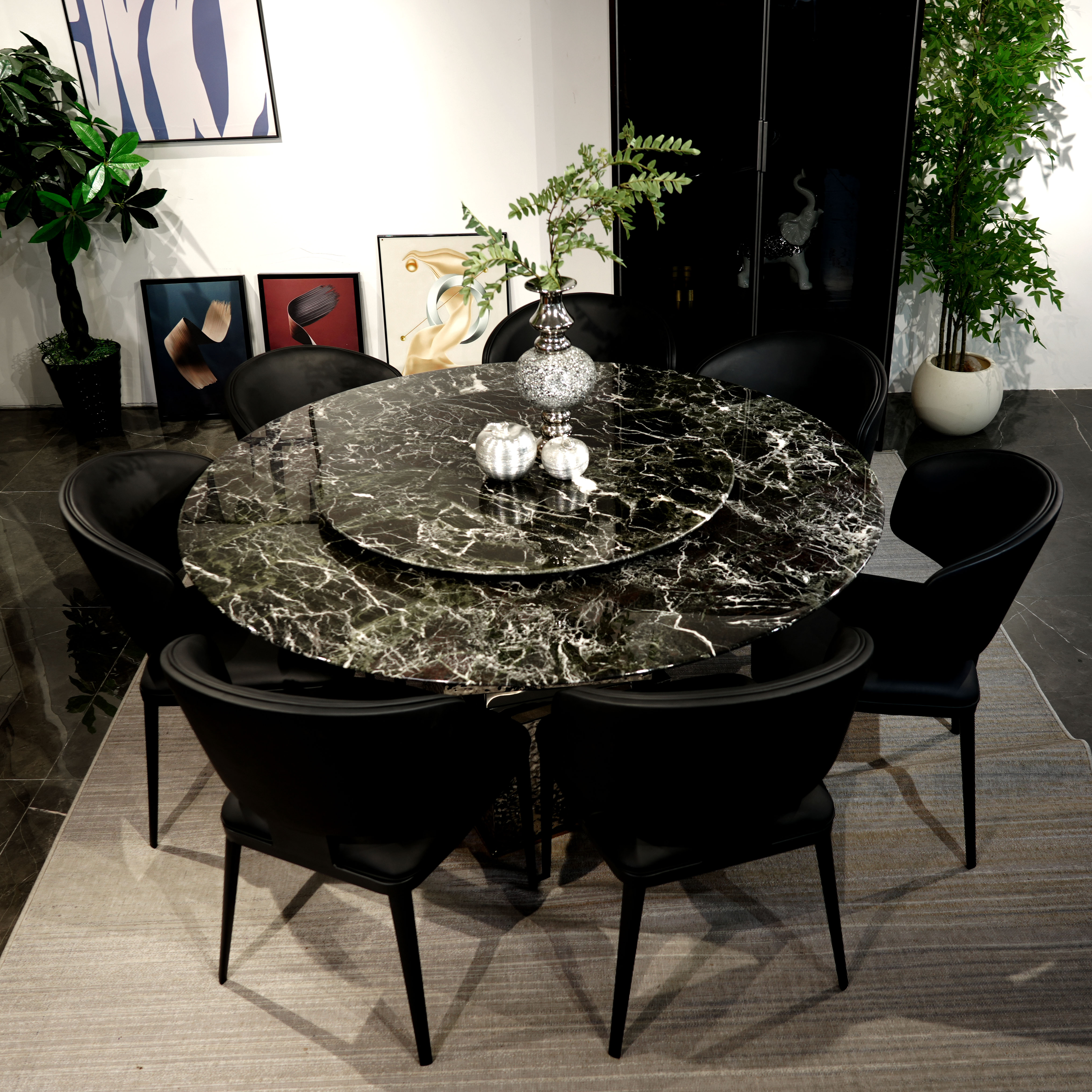 纯天然奢石【纳秋绿】奢石餐桌带转盘圆形餐桌餐桌椅简约圆桌饭台