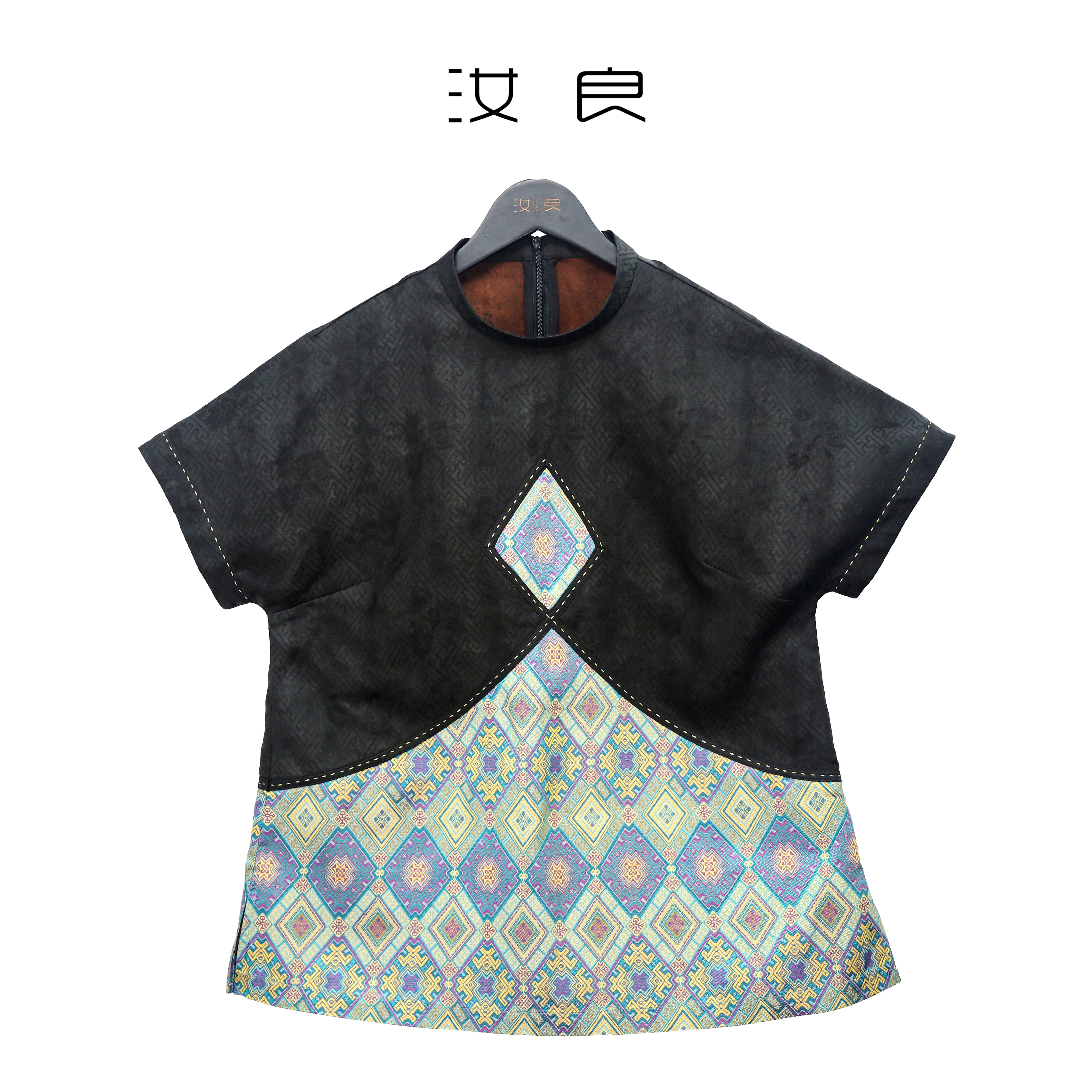 重工珠线四经拼蜀锦短袖上衣