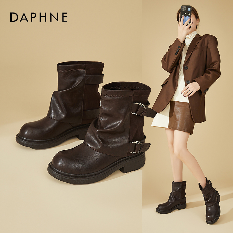 Daphne/达芙妮厚底裤管靴女堆堆靴粗跟西部牛仔靴英伦风小短靴