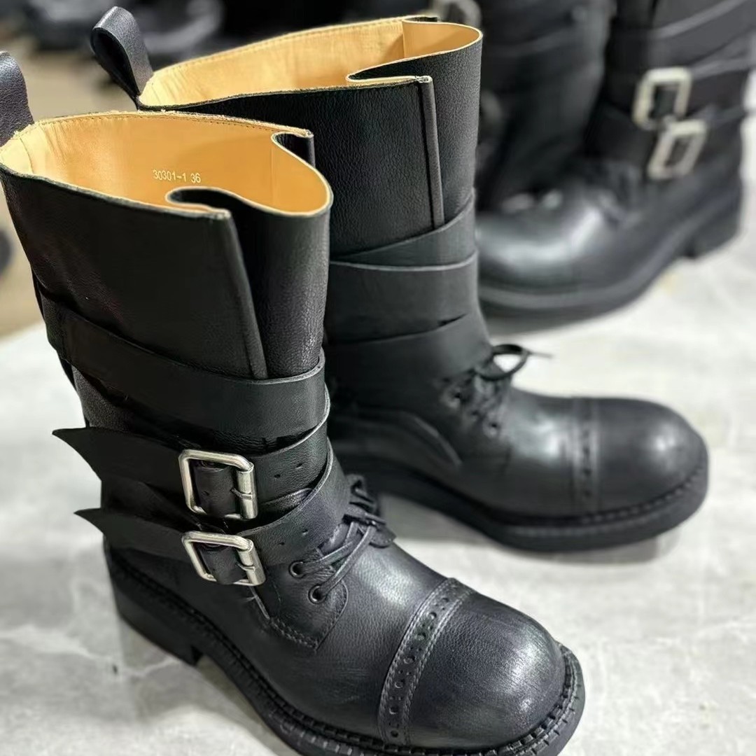 新女郎欧货潮牌马丁靴中筒靴时装靴冬季加绒秋冬靴子高筒皮靴黑色