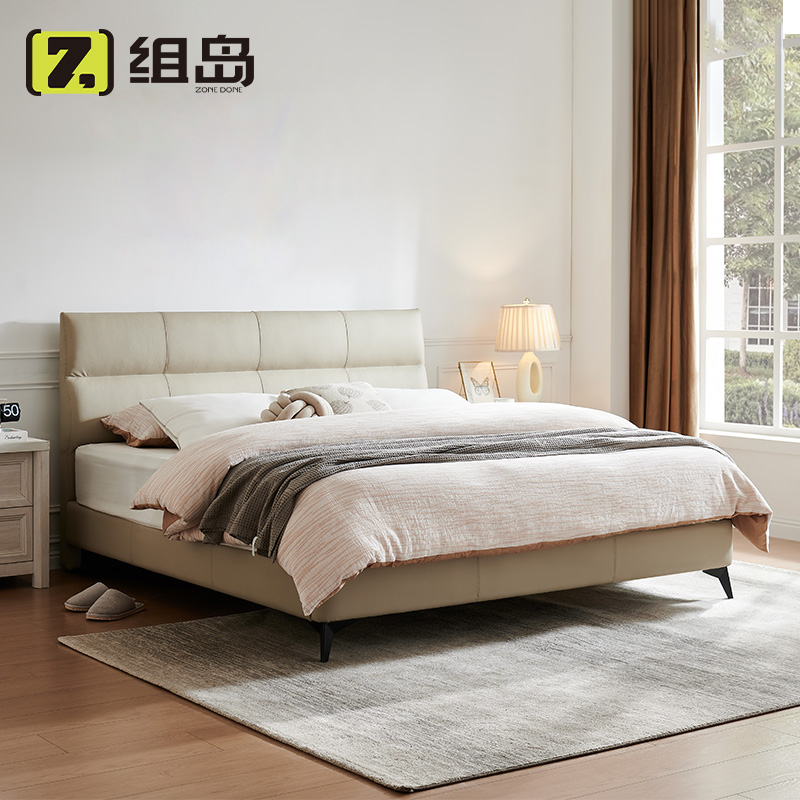 组岛皮床主卧大床 齐边双人床婚卧室床排骨架床皮艺床 CJ030