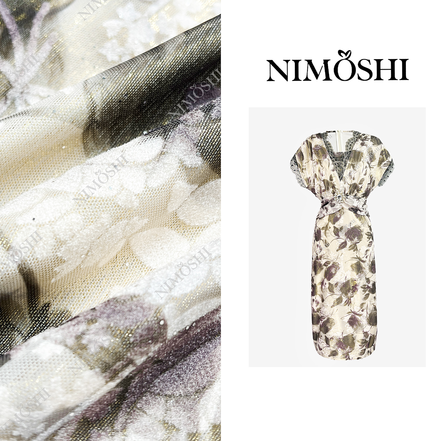 NIMOSHI【倩倩】夏季新款气质V领印花掐腰拼接蕾丝显瘦连衣裙Q1861