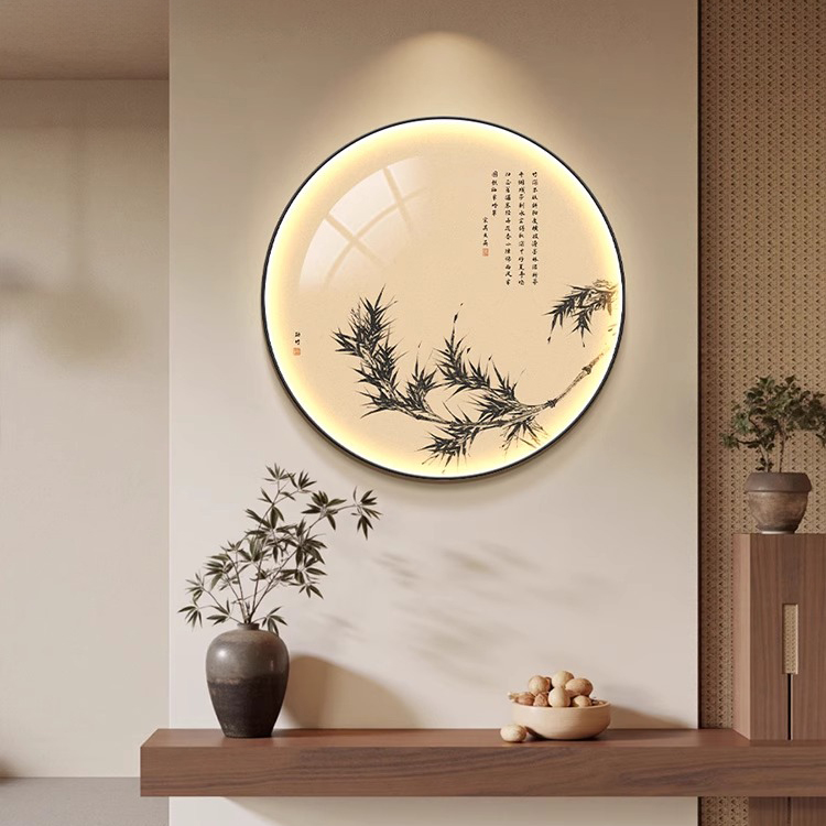 竹子挂画新中式圆形玄关装饰画高端发光灯画宋氏美学客厅餐厅壁画