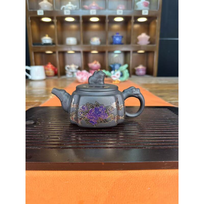 黑泥紫砂变色-金玉满堂-黑四方壶一壶四杯+一主人杯-2707