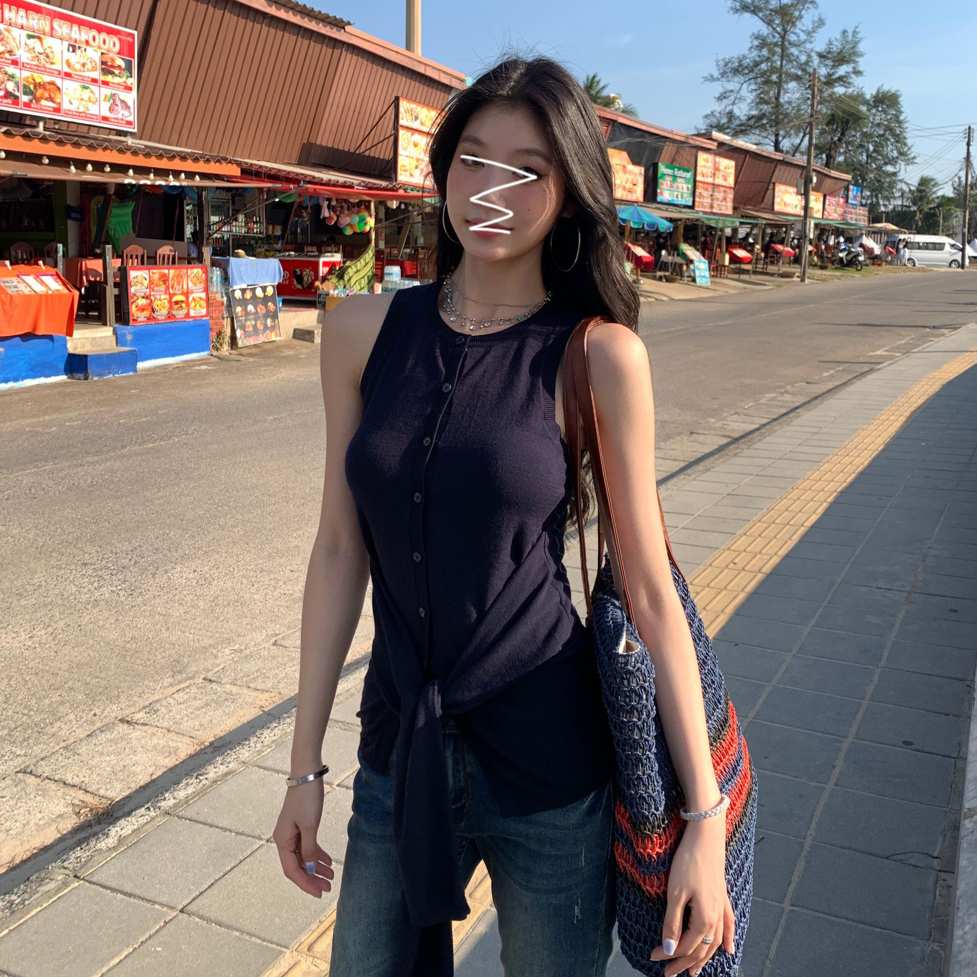 现货~2025夏季新款美式露肩吊带背心辣妹修身显瘦假两件绑带上衣