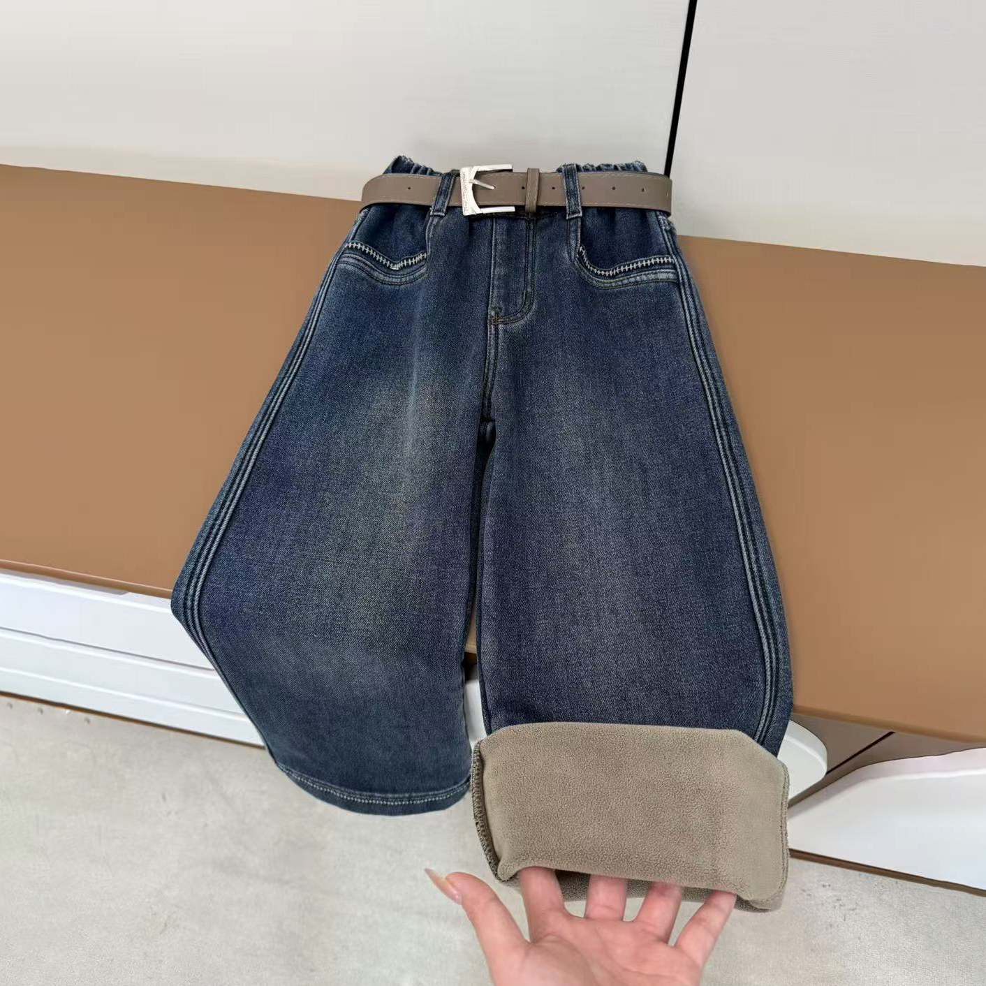 【有弹性，高品质】女童牛仔裤秋冬加绒新款中大童阔腿裤直筒裤