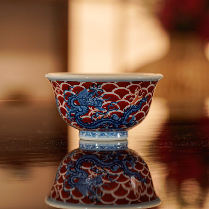 【墨舍名窑 】快雪时晴青花矾红五灵图小压手杯 kxsq229 茶杯