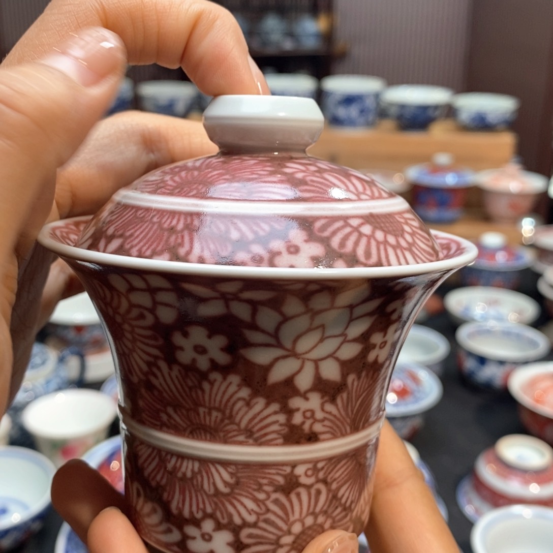 万花盖碗柴窑原矿手绘