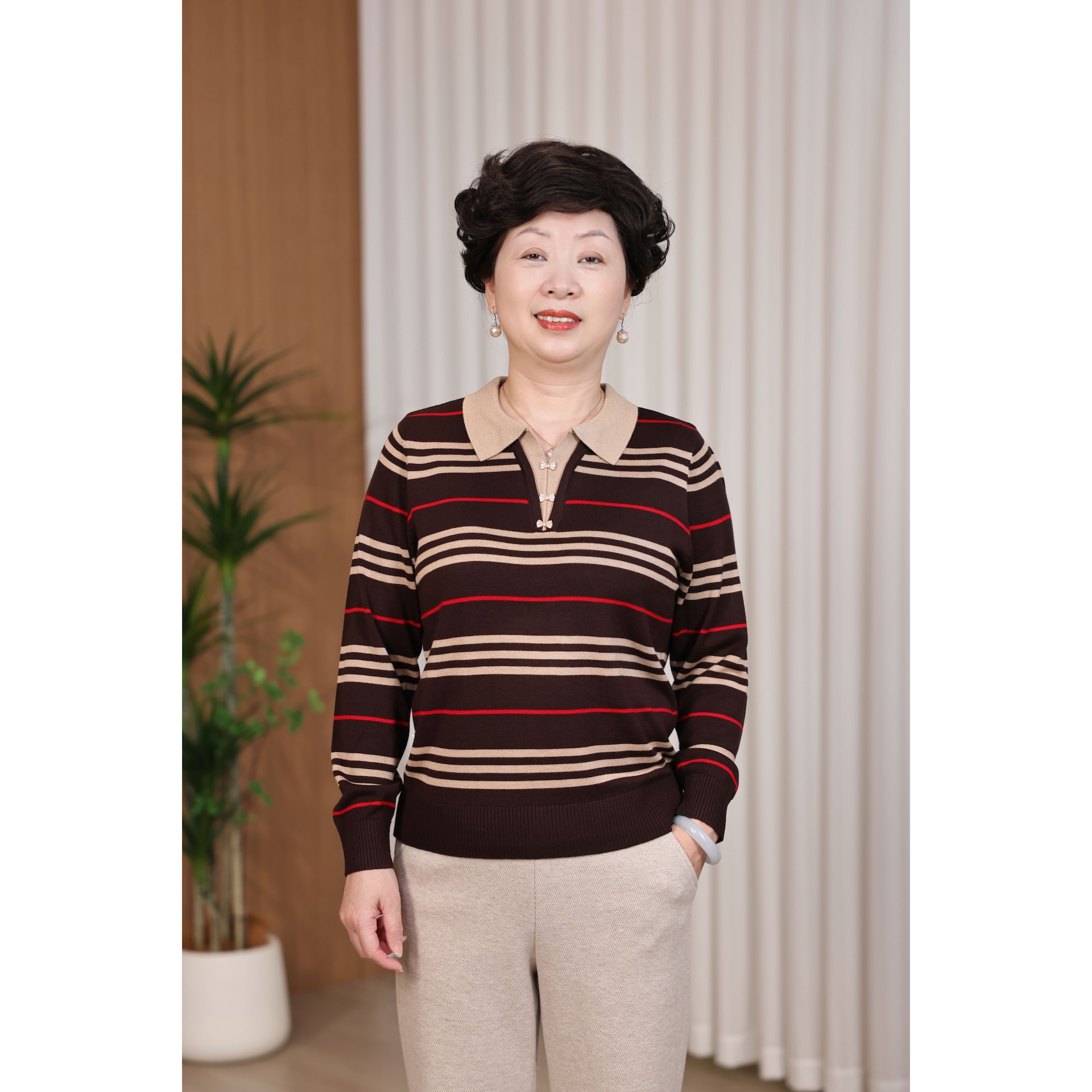 秋季女装打底衫春秋长袖针织衫条纹翻领时尚洋气2591