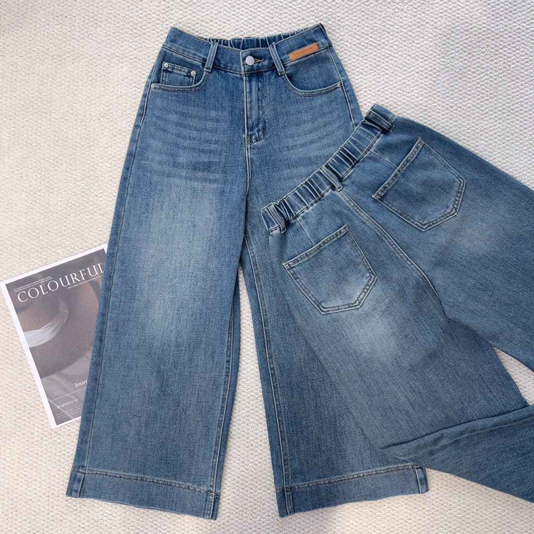 252392 有弹力 春款不加绒松紧腰休闲直筒裤显瘦牛仔裤