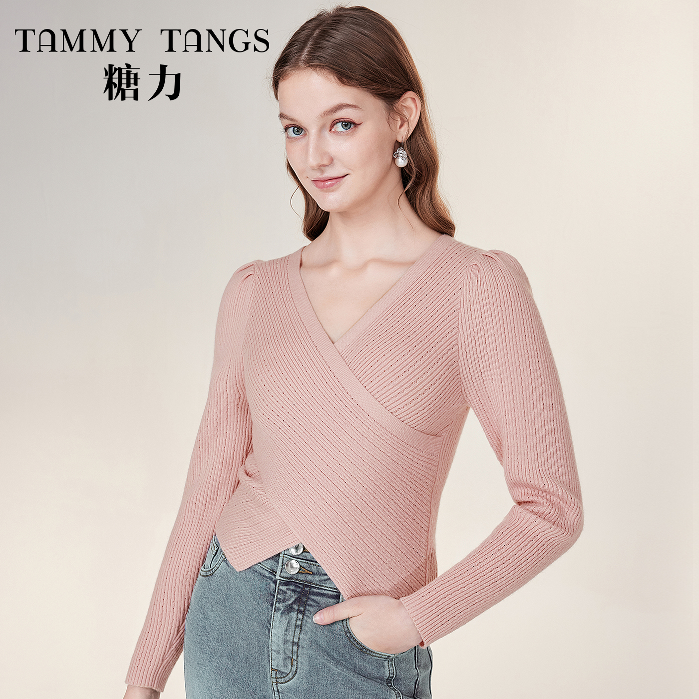 6401【金拐子专属】糖力V领套头羊毛针织衫女修身TWEDS46401