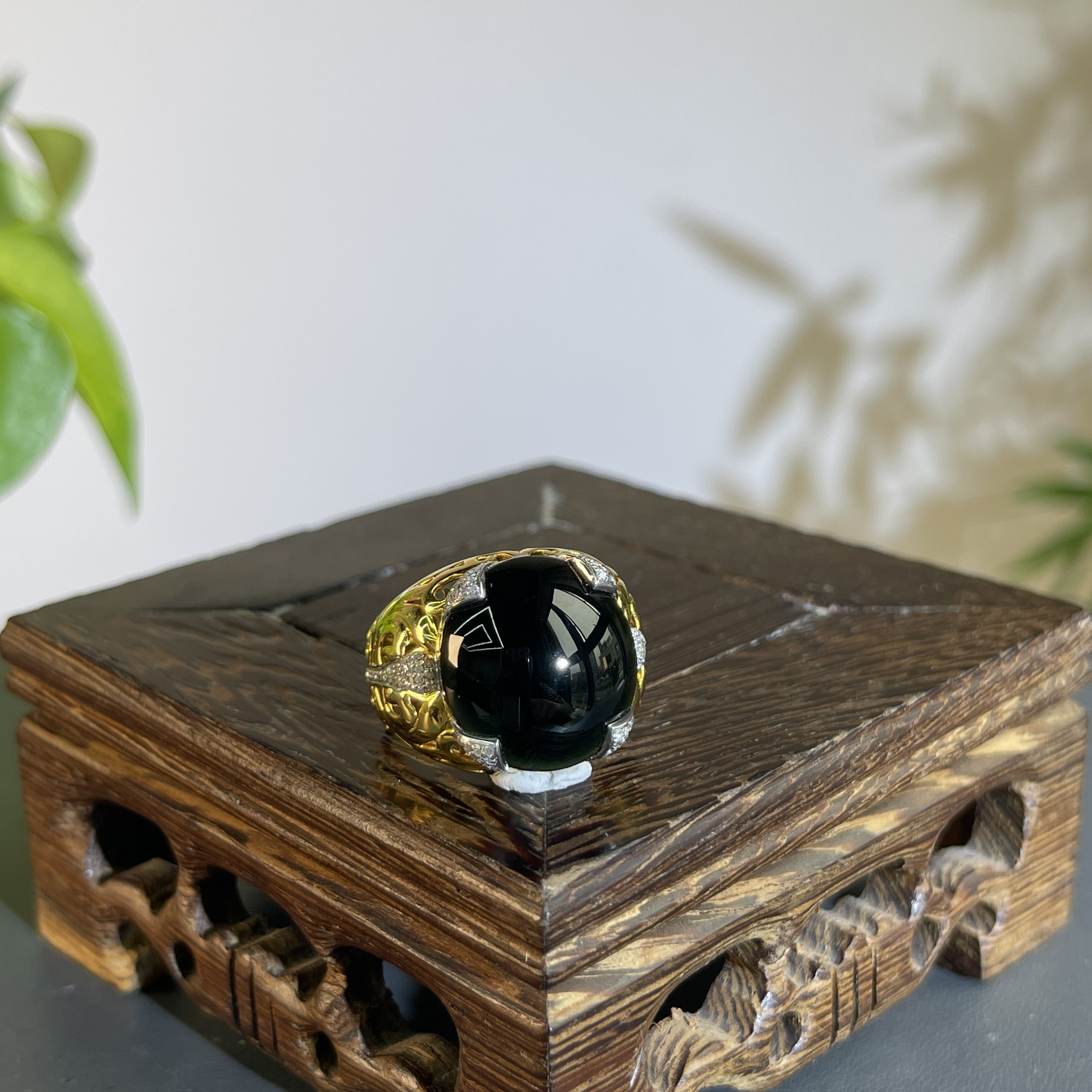 JTA01-164  黑色天然翡翠A货  黑-18K含钻镶嵌戒指20#