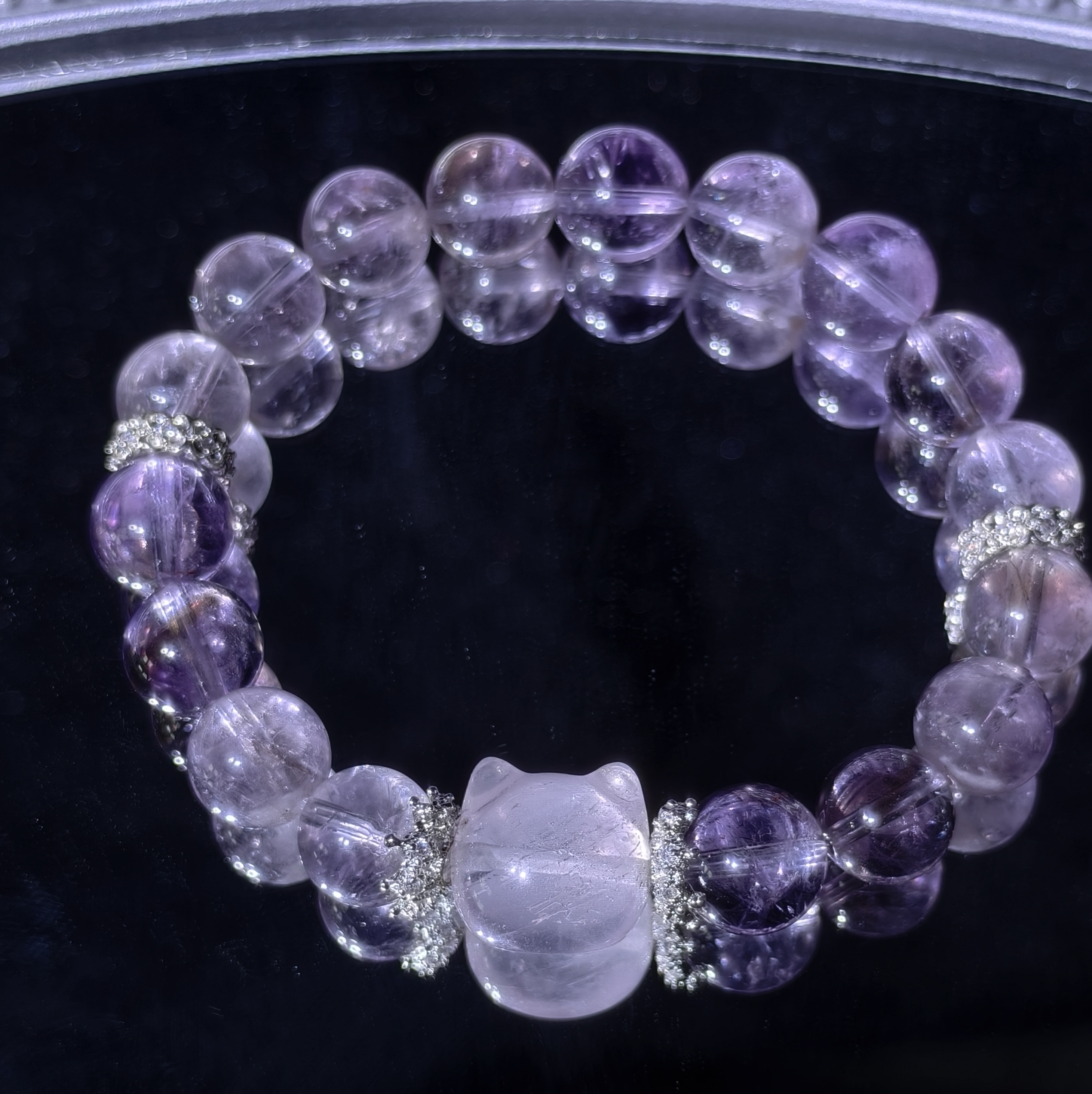 cy8-巴西紫水晶粉晶猫猫头花托隔珠配饰手链水晶手串