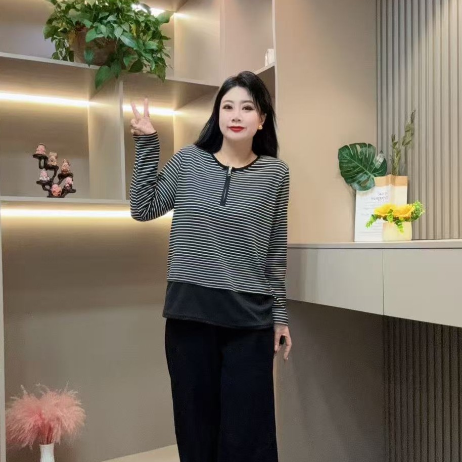 冬季磨毛小衫-甜 5203时尚休闲条纹显瘦拉链设计胖MM大码女装新款