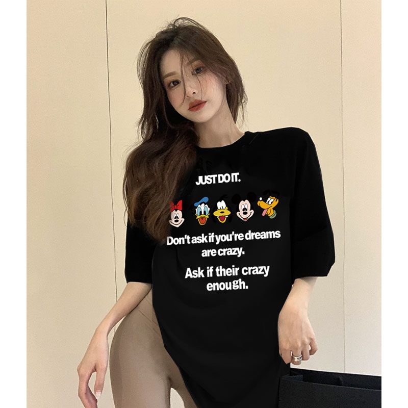 港风ins纯棉短袖t恤韩版休闲宽松大码女装夏装米奇卡通上衣情侣装