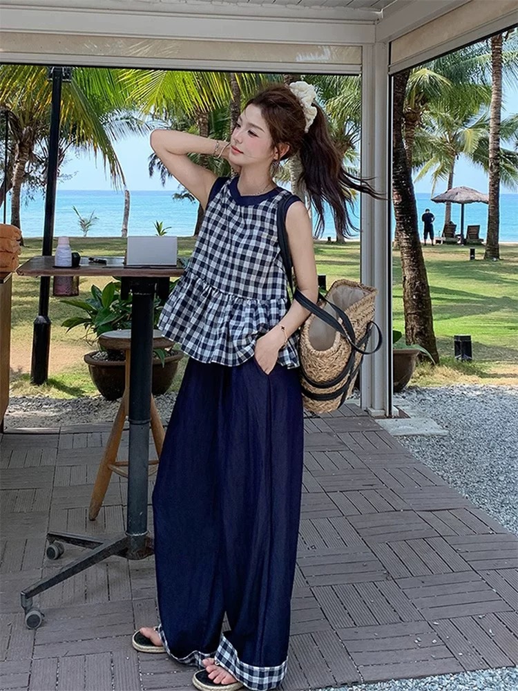 慵懒风格子无袖背心阔腿裤套装女夏2025新款两件套韩系夏日高级感