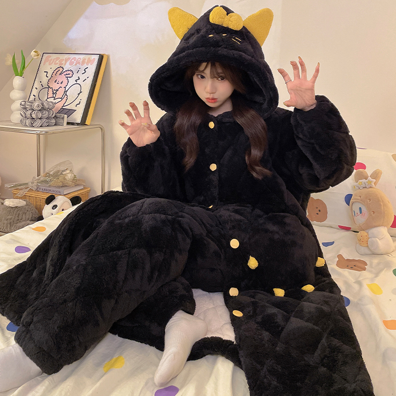 睡衣女款爆款2024年新款睡袍冬季三层夹棉加棉加厚卡通保暖家居服