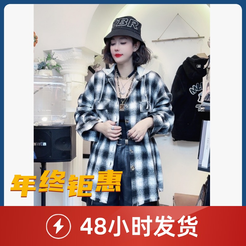 嘻哈高街假两件连帽格子长袖衬衫情侣秋冬冬季衬衣外套Q25101320