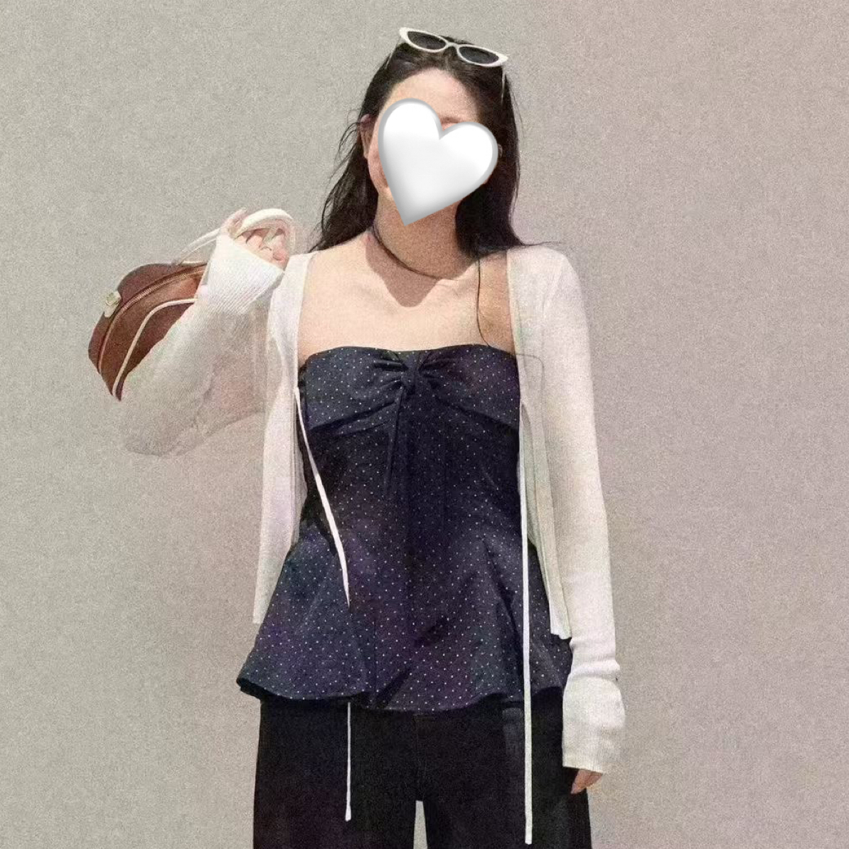 【文文酱】（心动派对）甜辣波点蝴蝶结吊带上衣套装胖妹妹显瘦