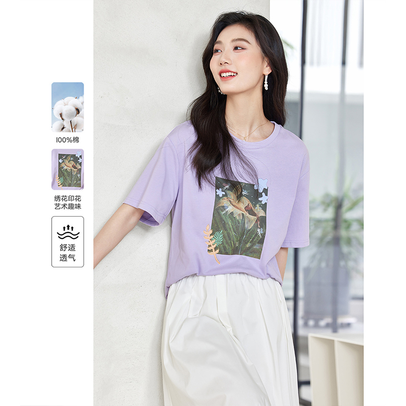 *圆领短袖T恤女2025夏新款印花上衣休闲宽松显瘦气质M8031