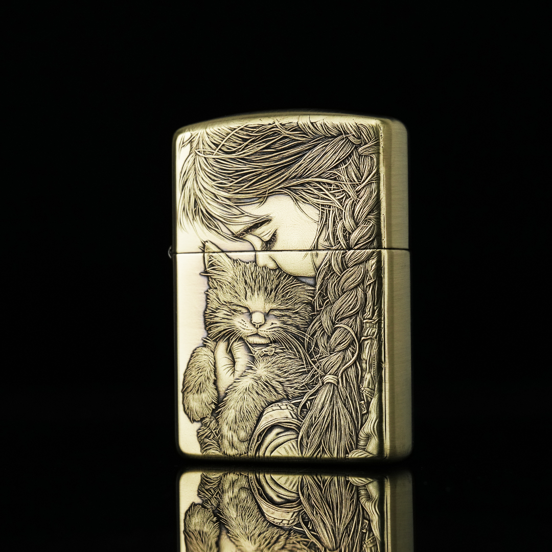 小众浪漫优选！Zippo 【抱猫女孩】煤油机 黄铜盔甲3D雕刻送女友男友