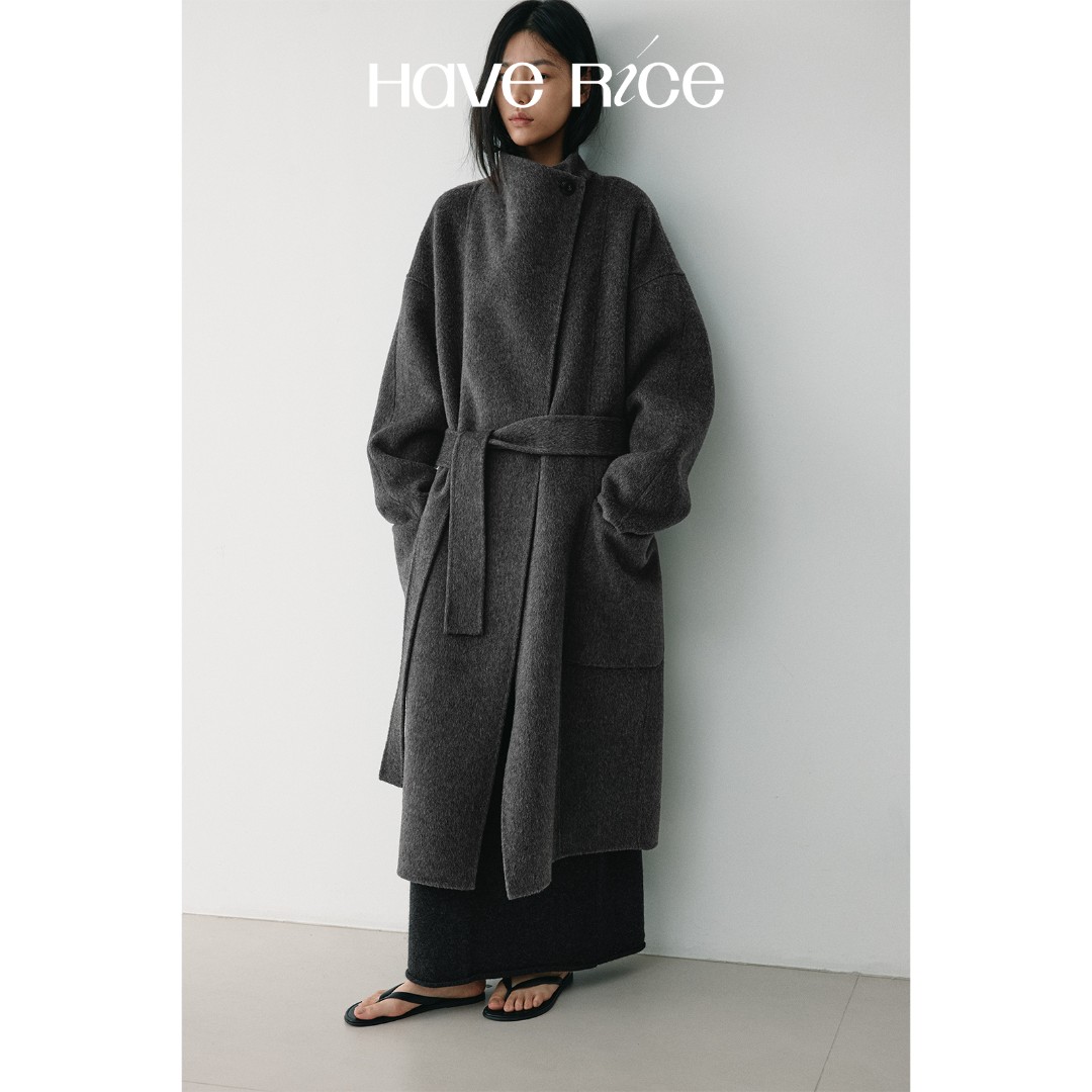 【雾野大衣】骆驼绒牦牛绒羊毛双面呢长毛立翻领外套