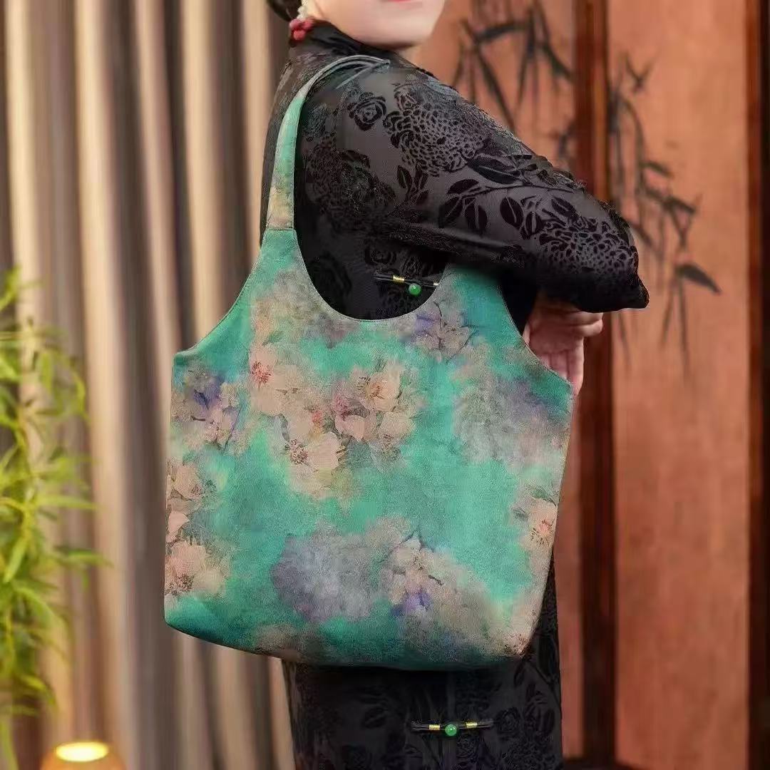 [绿色托特]30*30托特包包花萝复古工艺手绘民族风单肩