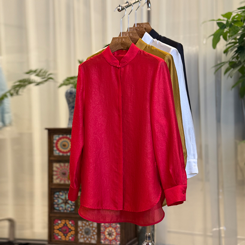 【文清】日常新中式暗纹泡泡纱半透衬衣时尚国风立领衬衫休闲上衣女