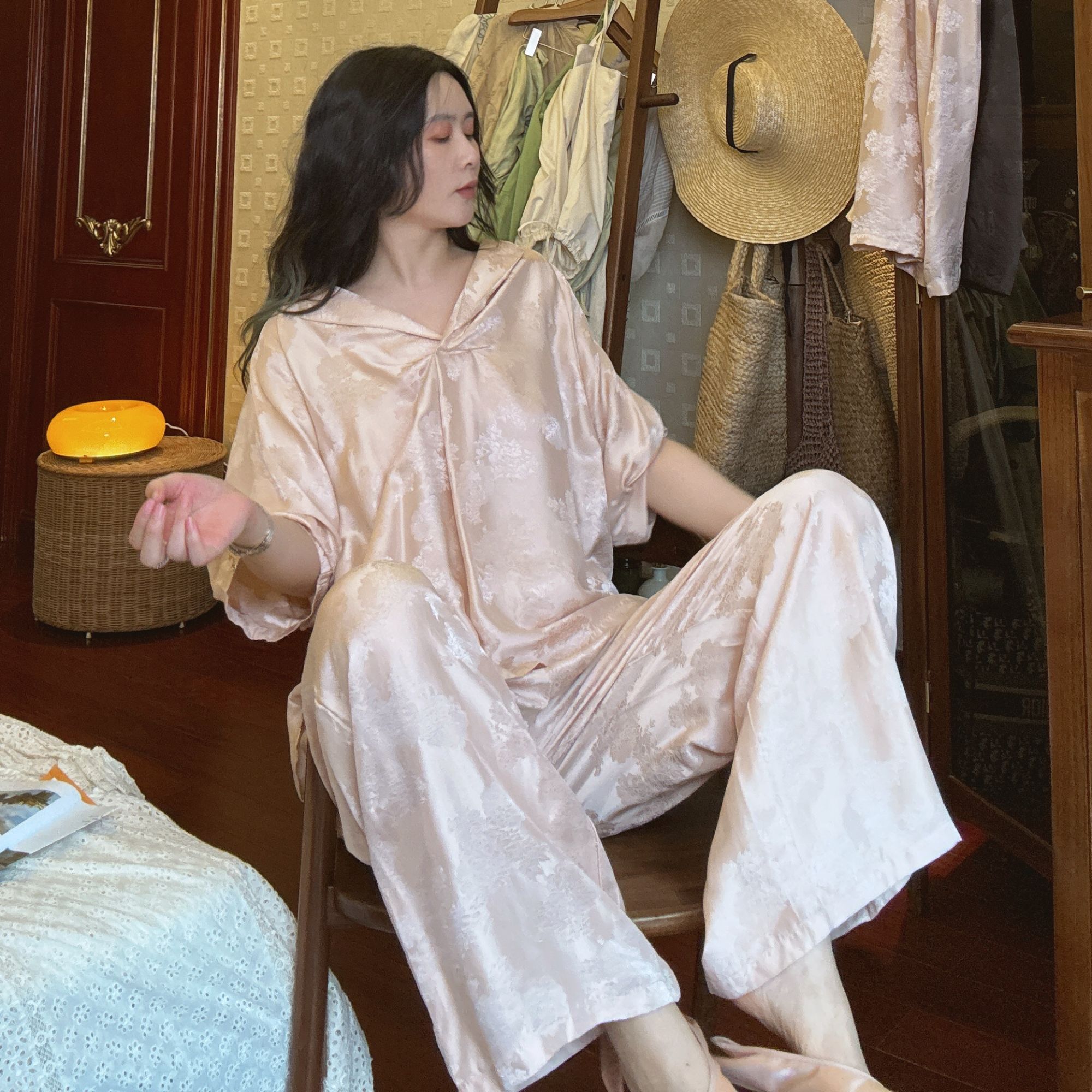 桑蚕丝睡衣睡裤女士2025新款中袖长裤夏季套装法式轻奢提花家居服