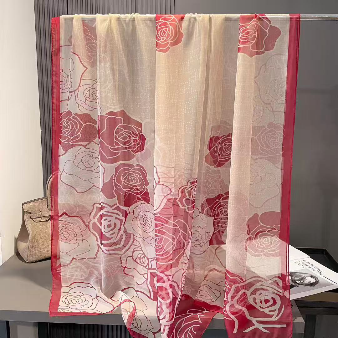 S19 红大山茶花 大尺寸气质纱巾沙滩披肩 围巾 180*125左右