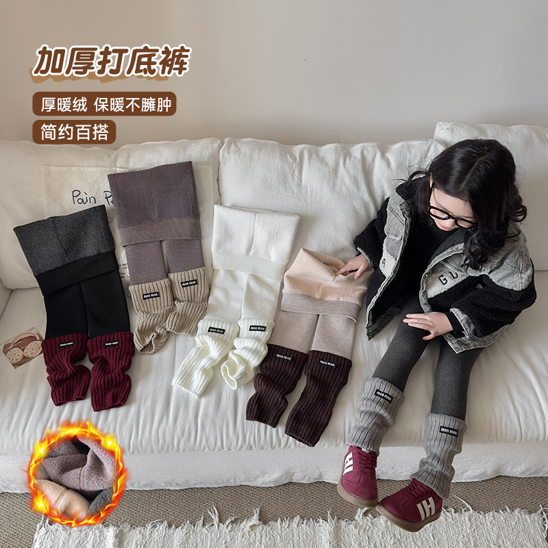 韩系超ins冬款加厚堆堆袜套拼接九分一体裤袜女童布标保暖打底裤