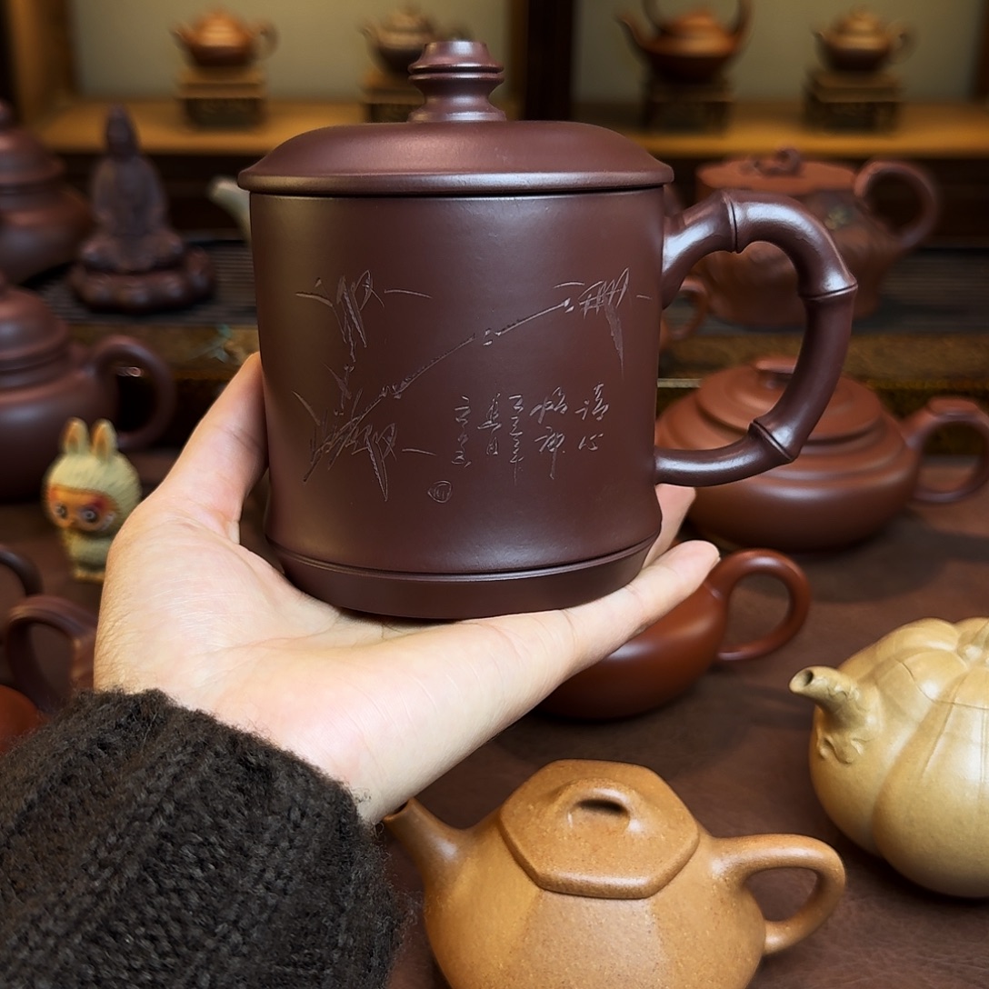 茶壶紫砂盖杯，老紫泥