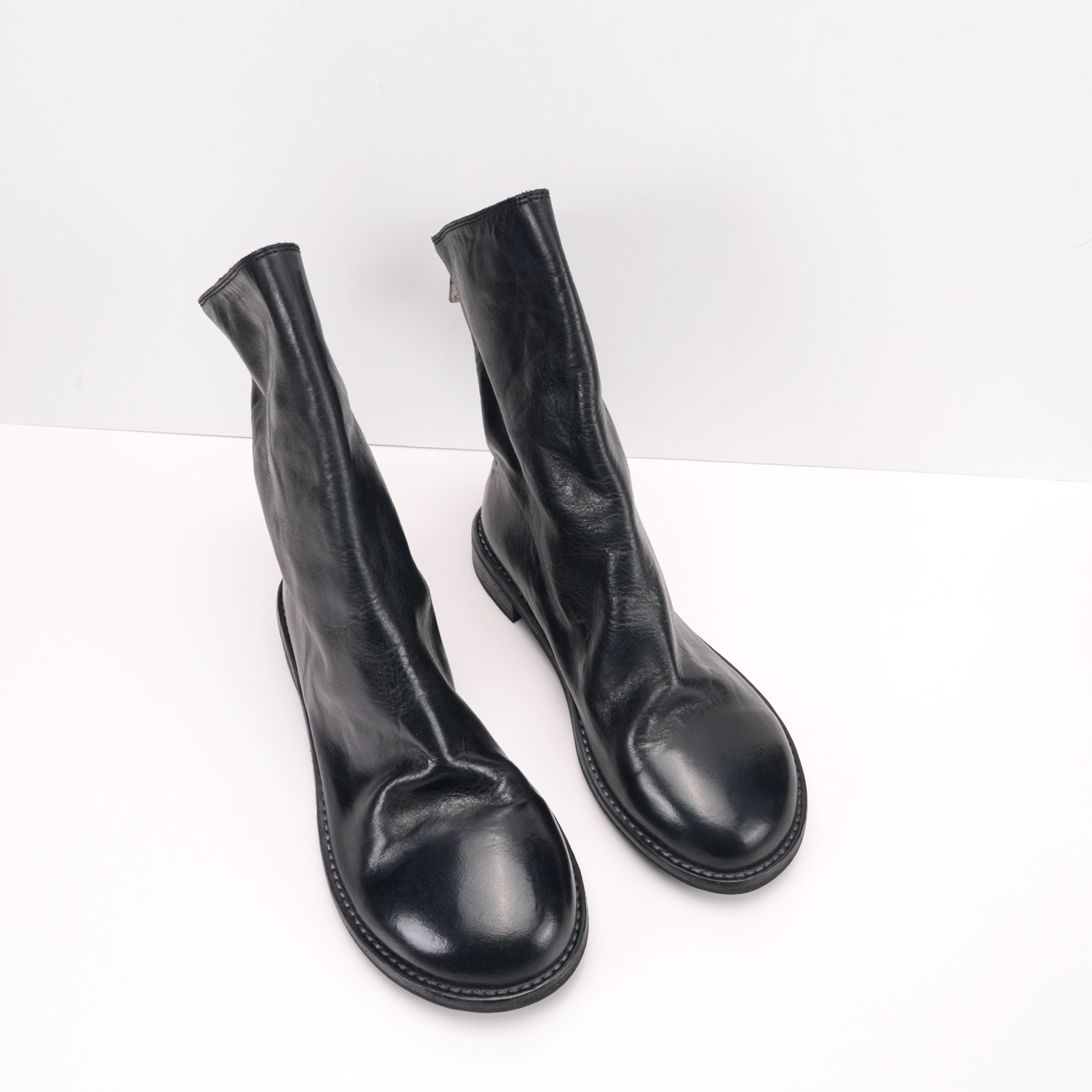 2025新款 水染马皮 后拉拉时尚短靴 圆头真皮黑色倒靴 短筒靴女