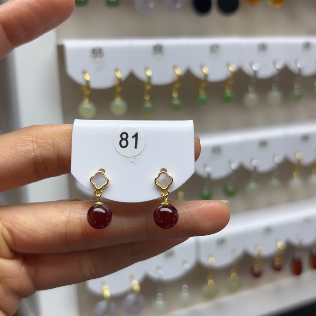 银S925镶嵌琥珀耳饰血珀