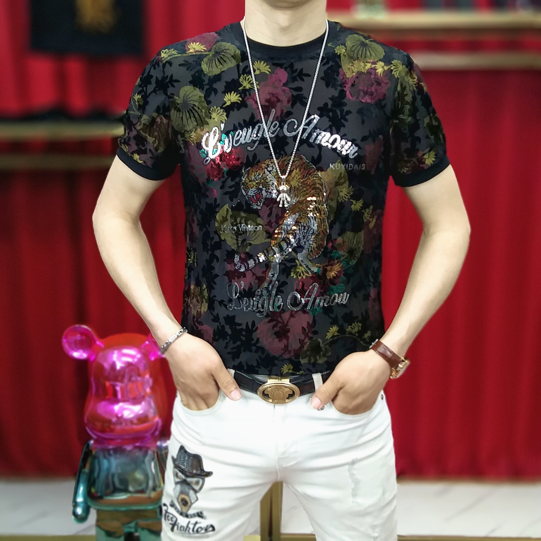 夏季时尚新款男士潮流修身老虎亮片提花短袖百搭修身圆领冰丝半袖
