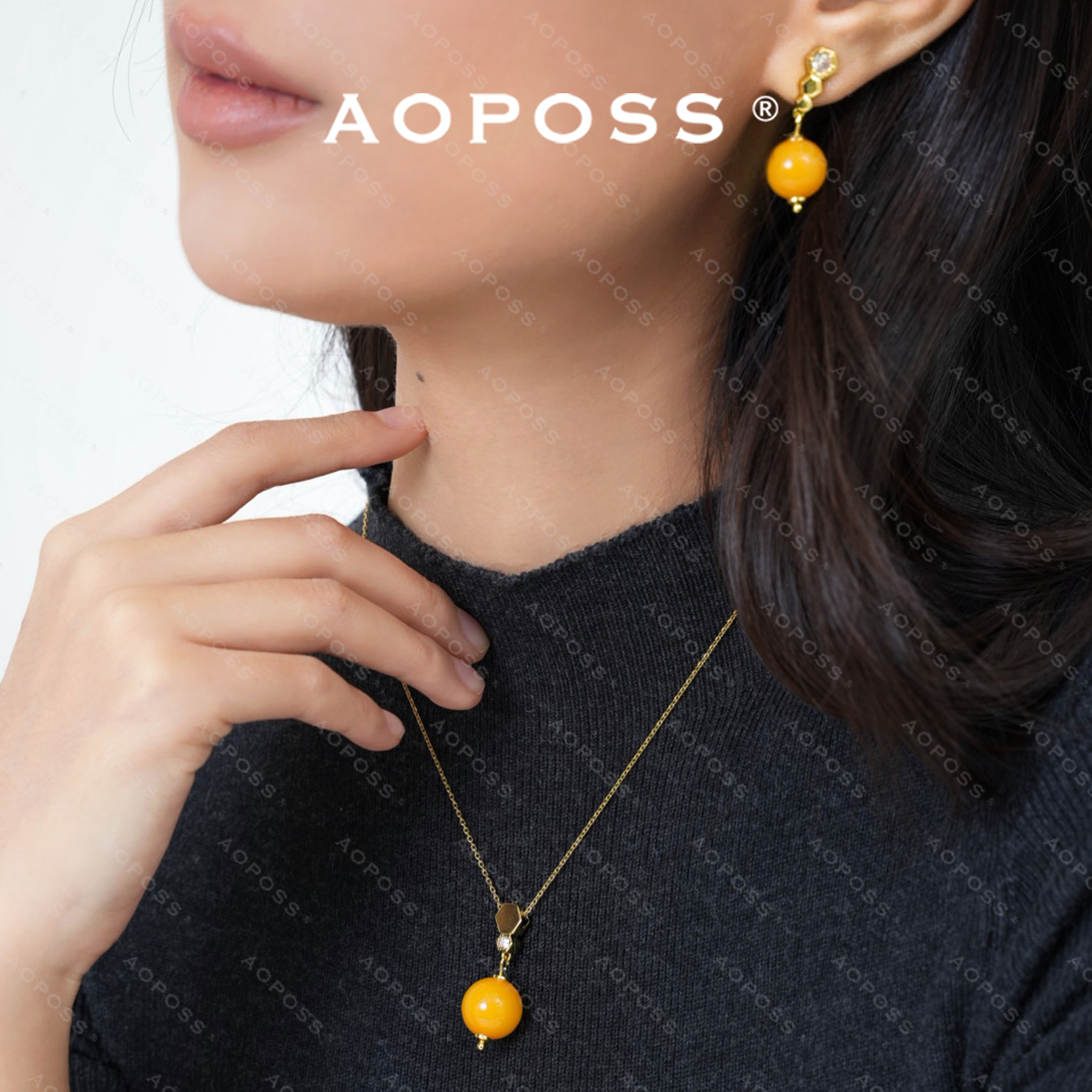 AOPOSS白姿 镀K金 [甜蜜蜜]耳钉项链女款原创设计琥珀蜜蜡简约圆