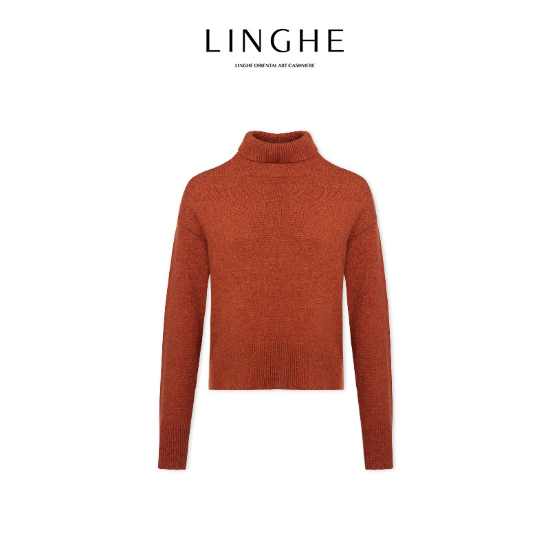 翎禾LINGHE-时尚高领女士纯色文艺风复古100山羊绒针织套头衫上衣