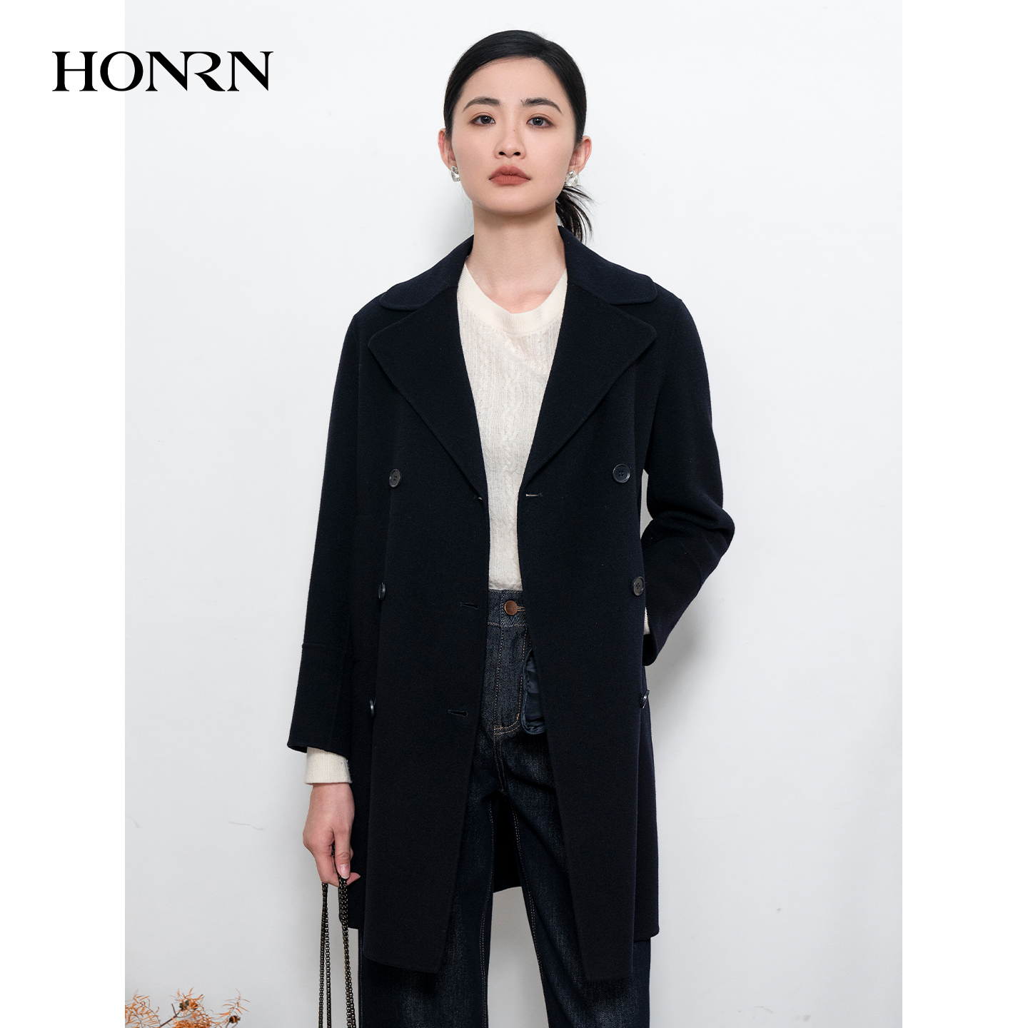 HONRN/红人气质翻领双排扣双面羊毛呢子大衣外套女秋冬HI55OD480