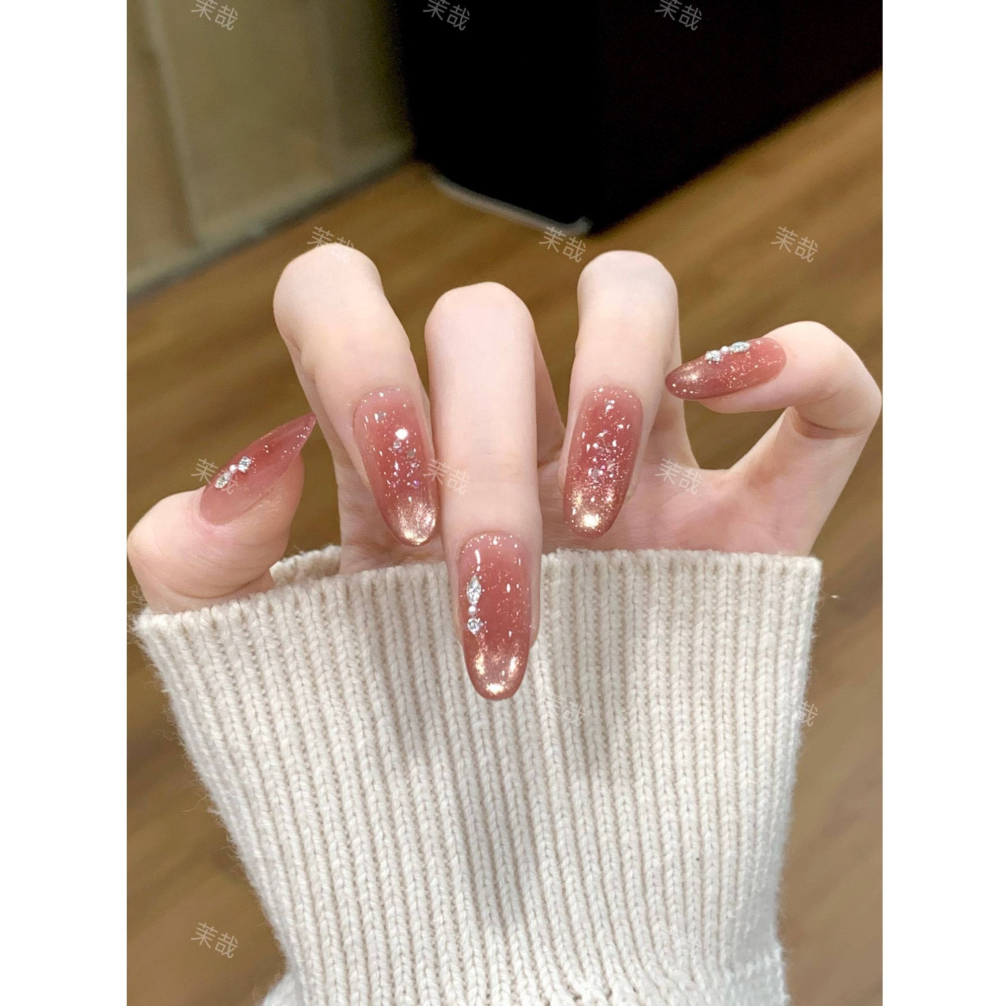 茉哉W【午后红晕】纯手工定制美甲拆卸穿戴甲A5341