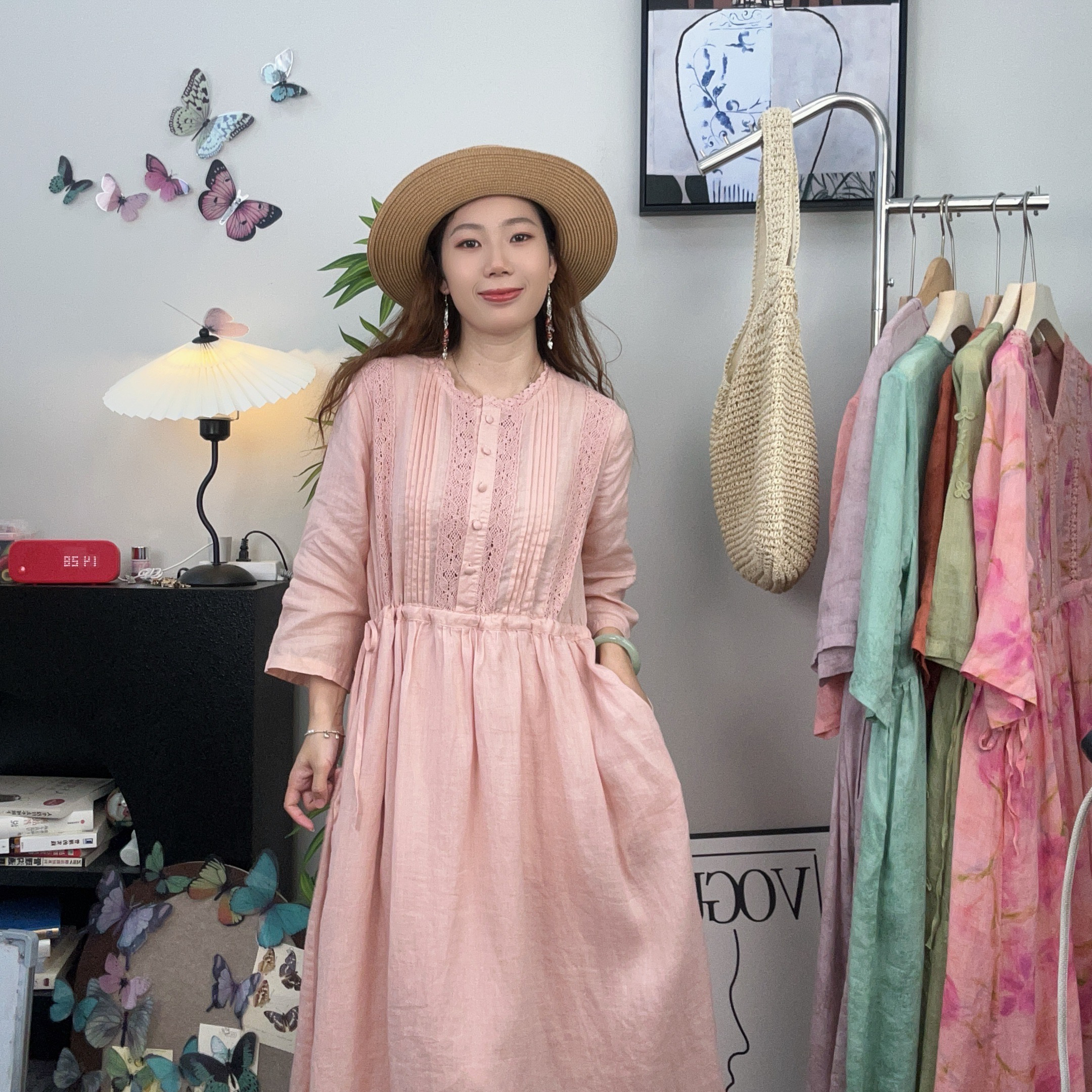 【蒋玲专属】夏季新款森系甜美风苎麻蕾丝木耳领半开襟休闲长裙女