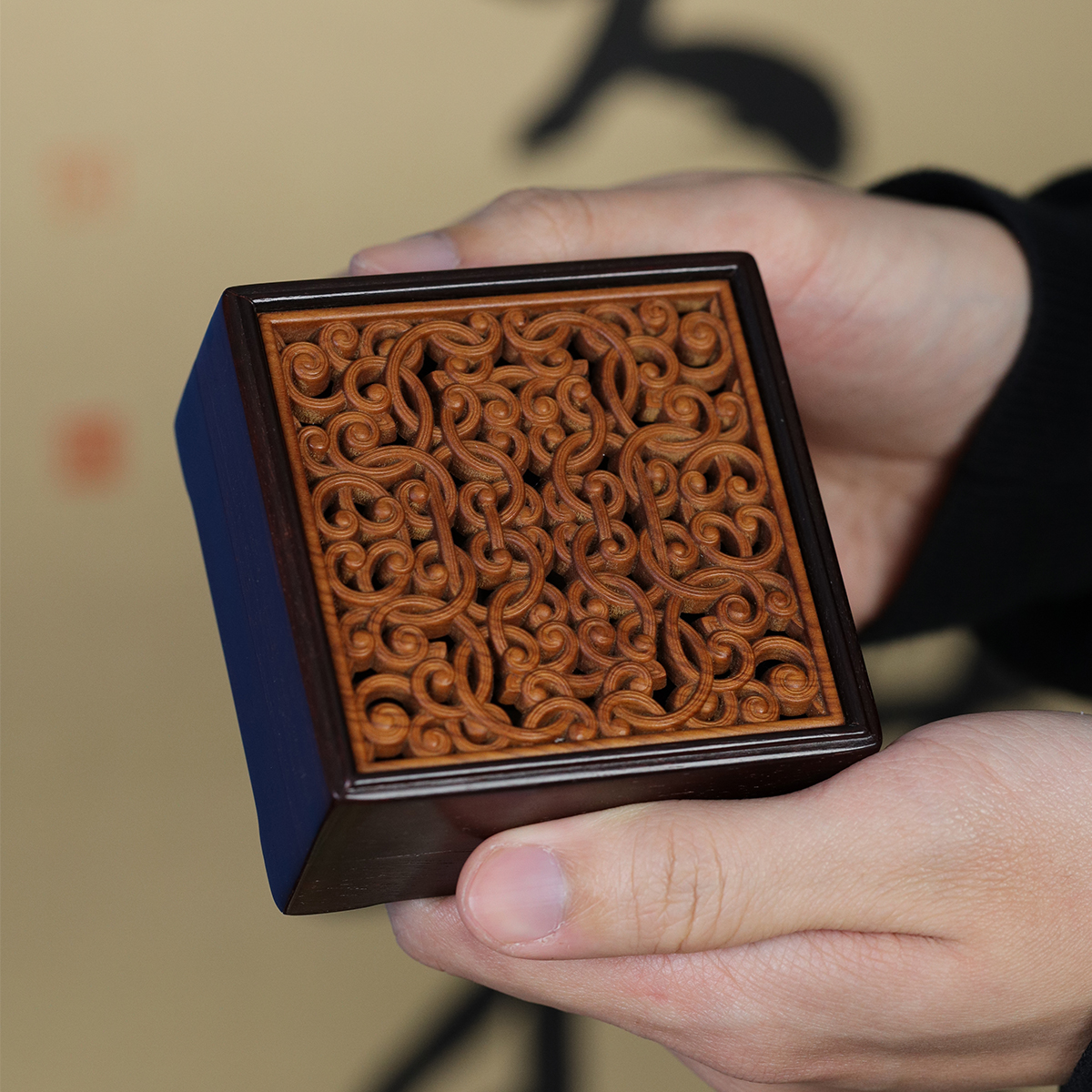 印度小叶紫檀香盒嵌黄杨木攀枝纹盘香盒室内香薰炉檀香盘香香盒