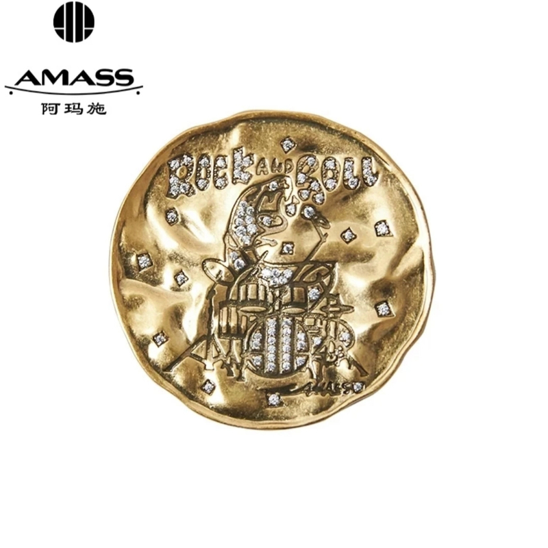 AMASS/阿玛施 铜合金锆石胸针 复古圆形架子鼓镶钻胸针女590030
