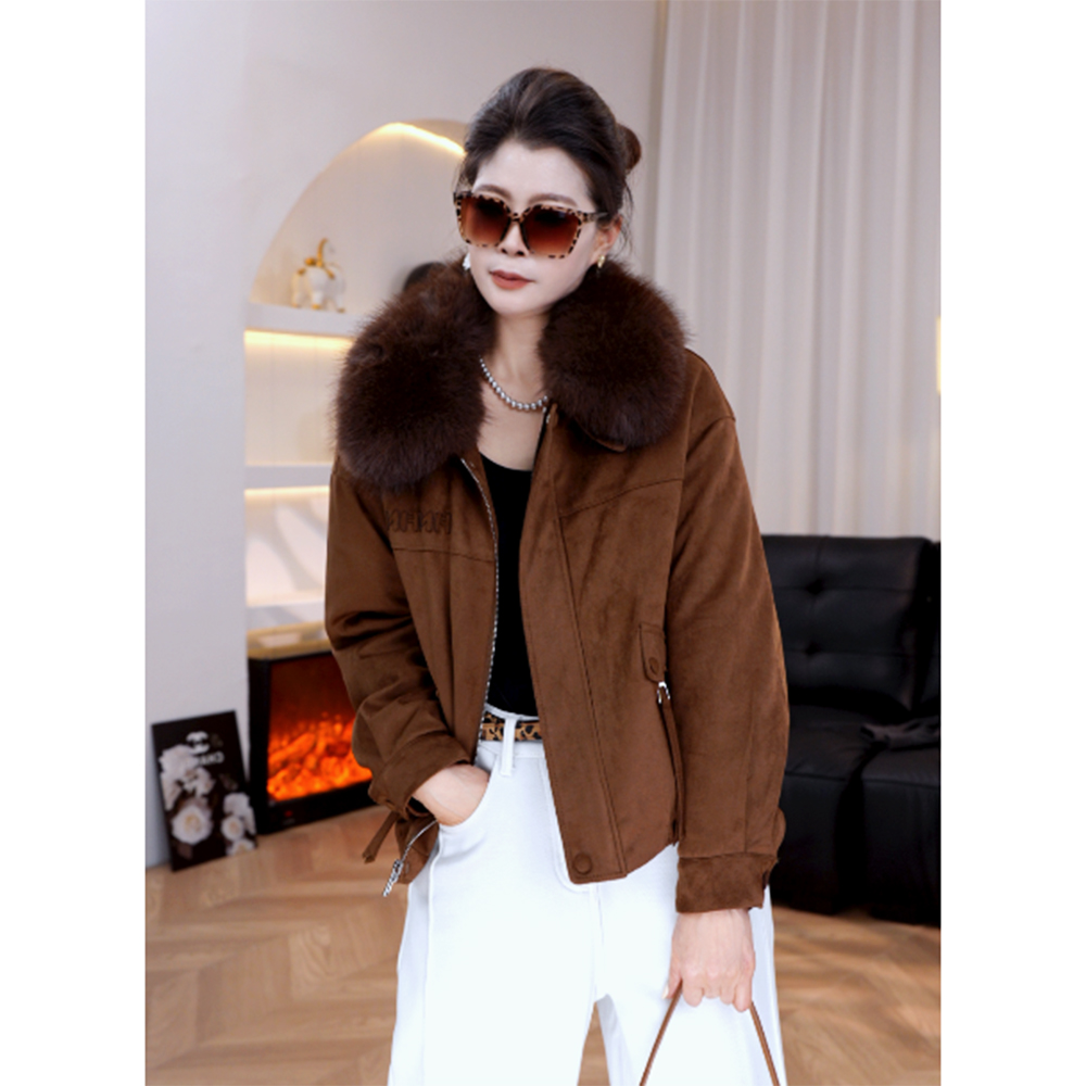 2025复古美拉德毛领外套简约保暖女羽绒服麂皮绒冬季