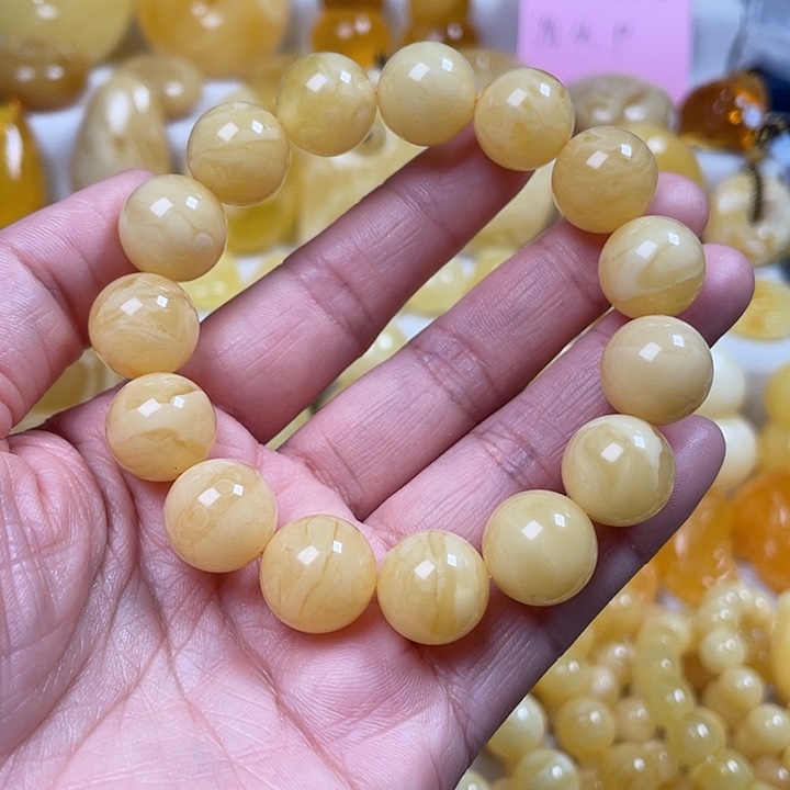 蜜蜡裸石未镶嵌白花蜡圆珠手串