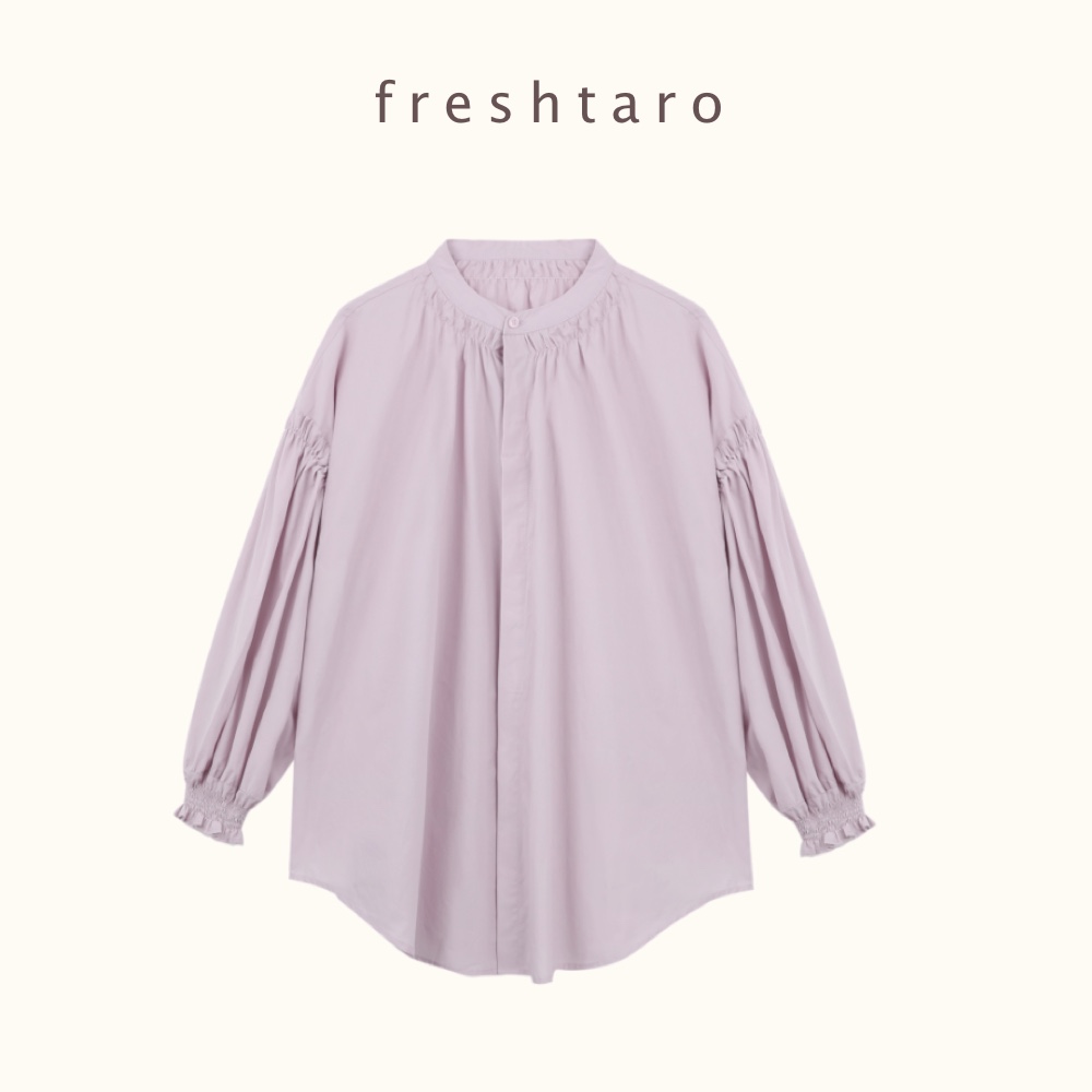freshtaro 粉紫/奶油 松紧袖口中长款衬衫女春秋新款小众长袖上衣